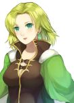  1girl bangs breasts brown_dress cape character_request dress earrings fire_emblem forehead green_cape green_eyes green_hair high_collar jewelry jurge long_hair looking_at_viewer medium_breasts nintendo parted_bangs parted_lips simple_background solo upper_body white_background 