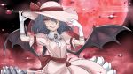  1girl alternate_costume blood collar dress frills gloves grey_hair hat highres kawayabug looking_at_viewer moon one_eye_covered puffy_short_sleeves puffy_sleeves red_eyes red_moon remilia_scarlet short_sleeves smile solo touhou upper_body white_gloves wings 