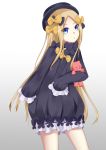  1girl :o abigail_williams_(fate/grand_order) bangs black_bow black_dress black_hat blonde_hair bloomers blue_eyes bow bug butterfly commentary_request dress eyebrows_visible_through_hair fate/grand_order fate_(series) forehead gradient gradient_background grey_background hair_bow hat highres insect long_hair long_sleeves looking_at_viewer object_hug orange_bow parted_bangs parted_lips polka_dot polka_dot_bow sleeves_past_fingers sleeves_past_wrists solo stuffed_animal stuffed_toy syumya_(syakuku15mon) teddy_bear underwear very_long_hair white_background white_bloomers 
