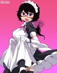  1girl :d alternate_costume apron artist_name black_dress black_eyes black_hair black_legwear commentary_request dated dress elbow_gloves enmaided frilled_dress frills from_side girls_und_panzer glasses gloves gradient gradient_background highres looking_at_viewer maid maid_apron maid_headdress medium_dress medium_hair messy_hair neck_ribbon open_mouth oryou_(girls_und_panzer) partial_commentary pink_background puffy_short_sleeves puffy_sleeves purple_background purple_neckwear red-framed_eyewear ribbon semi-rimless_eyewear shiroobi_(whitebeltmaster) short_ponytail short_sleeves skirt_hold smile solo standing thigh-highs under-rim_eyewear watermark white_apron white_gloves 