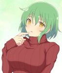  1girl :o bangs blush breasts commentary_request eyebrows_visible_through_hair finger_to_mouth gradient gradient_background green_background hair_between_eyes hand_up head_tilt highres hikage_(senran_kagura) ichiryuu_tsumiki large_breasts long_sleeves looking_at_viewer open_mouth red_sweater senran_kagura short_hair slit_pupils solo sweater turtleneck turtleneck_sweater upper_body yellow_eyes 