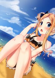  1girl abigail_williams_(fate/grand_order) bangs bare_shoulders beach bikini black_bikini black_bow blonde_hair blue_eyes blue_sky blush bow collarbone double_bun emerald_float fang fate/grand_order fate_(series) forehead frilled_bikini frills hair_bow highres knees_up legs long_hair looking_at_viewer ocean open_mouth orange_bow parted_bangs sitting sky solo striped striped_bow swimsuit thighs zhai_mu_q 