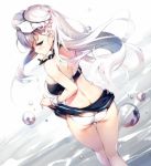  1girl alternate_costume ass azur_lane back bangs belfast_(azur_lane) blue_eyes blush braid breasts butt_crack chains closed_mouth collar eyebrows_visible_through_hair floating_hair french_braid from_behind large_breasts lifted_by_self long_hair looking_at_viewer looking_back maid_bikini maid_headdress senji_(tegone_spike) silver_hair skindentation skirt skirt_lift smile solo thighs twisted_torso water water_drop wind 