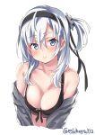  1girl artist_name black_bikini_top blush breasts cleavage ebifurya eyebrows_visible_through_hair grey_eyes hair_between_eyes hair_ribbon hairband highres kantai_collection long_hair looking_at_viewer medium_breasts off_shoulder one_side_up open_clothes parted_lips ribbon silver_hair simple_background solo suzutsuki_(kantai_collection) twitter_username upper_body white_background 