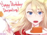  1girl absurdres artist_name blonde_hair blue_eyes cake character_name commentary darjeeling dated english eyebrows_visible_through_hair food fork girls_und_panzer happy_birthday hat highres holding holding_fork holding_plate jewelry light_smile long_hair looking_at_viewer necklace open_mouth plate portrait red_shirt shiroobi_(whitebeltmaster) shirt solo watermark wind wind_lift yellow_hat 
