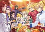  2girls 6+boys agravain_(fate/grand_order) ahoge artoria_pendragon_(all) artoria_pendragon_(lancer) bedivere black_hair blonde_hair blue_eyes carnelian china_dress chinese chinese_clothes chinese_food closed_eyes commentary_request dress eyebrows_visible_through_hair fate/grand_order fate_(series) food gawain_(fate/extra) gawain_(fate/grand_order) green_eyes knights_of_the_round_table_(fate) lancelot_(fate/grand_order) long_hair mordred_(fate) mordred_(fate)_(all) multiple_boys multiple_girls purple_hair redhead signature silver_hair tristan_(fate/grand_order) very_long_hair yan_qing_(fate/grand_order) yellow_eyes 