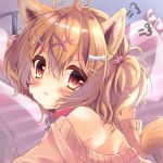  1girl :t =3 ahoge animal_ears bangs bare_shoulders blonde_hair blush bone_hair_ornament collar commentary_request dog_collar dog_ears dog_girl dog_tail hair_between_eyes hair_ornament hairclip heart heart_hair_ornament highres honoka_(1399871) lips looking_at_viewer looking_back lying medium_hair off_shoulder on_stomach original pillow pillow_hug pout red_collar shiny shiny_hair shoulder_blades solo star star_hair_ornament sweater tail two_side_up v-shaped_eyebrows x_hair_ornament yellow_eyes 