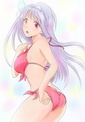  1girl adjusting_clothes adjusting_swimsuit ass bikini breasts ghost highres large_breasts long_hair looking_at_viewer marker_(medium) open_mouth potekite purple_bikini purple_hair red_eyes solo swimsuit traditional_media triangular_headpiece yunohana_yuuna yuragisou_no_yuuna-san 