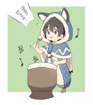  1girl absurdres animal_ears blush blush_stickers brown_eyes brown_hair bural_chingu chibi cloak drum drumsticks full_body highres hood instrument korean luke_(dydansgur) original seong_mi-na_(bural_chingu) short_hair 