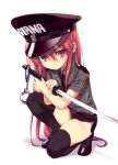  1girl bangs black_hat black_legwear black_skirt blush character_name closed_mouth clothes_writing collared_shirt commentary_request cuffs eyebrows_visible_through_hair full_body grey_skirt hair_between_eyes handcuffs hat headwear_writing holding holding_sword holding_weapon katana kotsu long_hair necktie one_knee peaked_cap pencil_skirt police police_hat police_uniform policewoman purple_neckwear red_eyes red_footwear redhead shadow shakugan_no_shana shana shirt shoes short_sleeves skirt solo sword thigh-highs thighs uniform v-shaped_eyebrows very_long_hair weapon white_background 