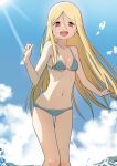  1girl absurdres bikini blonde_hair bural_chingu from_below highres lee_ji-min long_hair looking_at_viewer luke_(dydansgur) navel open_mouth original red_eyes smile swimsuit water 