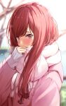  1girl bangs blurry blush bokeh breath coat depth_of_field duffel_coat full-face_blush hair_in_scarf hand_to_own_mouth highres idolmaster idolmaster_shiny_colors looking_at_viewer nira_(vira) oosaki_amana outdoors pink_coat pink_scarf red_eyes redhead scarf solo sweater swept_bangs upper_body 