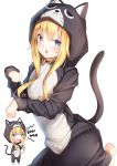  1girl animal_costume animal_ears animal_hood bangs blonde_hair blue_eyes blush cat_costume cat_ears cat_hood cat_pajamas cat_tail chibi chibi_inset commentary_request eyebrows_visible_through_hair fang gabriel_dropout hair_between_eyes highres hood hood_up kneeling long_hair long_sleeves multiple_views open_mouth paw_pose shiero. simple_background standing tail tail_raised tenma_gabriel_white v-shaped_eyebrows white_background 
