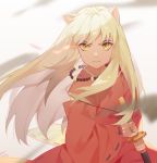  1boy absurdres animal_ears dog_ears frown highres inuyasha inuyasha_(character) japanese_clothes jewelry limao_jun long_hair male_focus necklace simple_background sword weapon white_hair yellow_eyes 