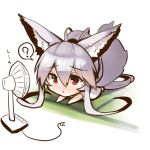  1girl ? animal_ears bangs bare_arms big_head blush chibi dress electric_fan eyebrows_visible_through_hair fox_ears fox_girl fox_tail hair_between_eyes long_hair lying nose_blush on_stomach original parted_lips ponytail red_eyes silver_hair solo spoken_question_mark sweat tail tail_raised very_long_hair white_dress yuuji_(yukimimi) 