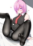  1girl arm_support bare_shoulders black_legwear black_shirt black_skirt breasts closed_mouth collared_shirt commentary_request fate/grand_order fate_(series) feet hair_over_one_eye heart highres jacket large_breasts leg_up lifted_by_self long_sleeves looking_at_viewer mash_kyrielight motion_lines necktie no_shoes off_shoulder open_clothes open_jacket panties panties_under_pantyhose pantyhose purple_hair red_neckwear see-through shiny shiny_hair shirt short_hair sitting skirt skirt_lift sleeveless sleeveless_shirt soles solo takeyuu underwear violet_eyes 