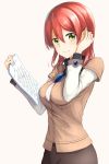  1girl akagami_no_shirayukihime commentary_request eyebrows_visible_through_hair from_side green_eyes hair_between_eyes highres holding holding_paper looking_at_viewer looking_to_the_side natsuya_(pucelle) paper redhead shirayuki_(akagami_no_shirayukihime) simple_background smile solo white_background 
