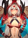  1girl altera_(fate) angry bangs blush breasts choker cleavage collarbone cosplay dark_skin eyebrows_visible_through_hair fate/grand_order fate_(series) full_body_tattoo hand_on_hip headdress hood horns i-pan jewelry looking_at_viewer midriff navel open_mouth queen_of_sheba_(fate/grand_order) queen_of_sheba_(fate/grand_order)_(cosplay) red_eyes revealing_clothes shiny shiny_skin short_hair small_breasts solo stomach_tattoo sweatdrop tagme tan tattoo teeth upper_body veil white_hair 