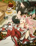  1boy 1girl alternate_costume animal_print black_kimono blue_horns butterfly_print cake candy couple darling_in_the_franxx eye_contact eyeliner food green_eyes hairband hetero hiro_(darling_in_the_franxx) japanese_clothes kimono lollipop looking_at_another lying makeup multiple_girls oni_horns picnic_basket pink_hair red_horns white_hairband white_kimono zero_two_(darling_in_the_franxx) zzl 