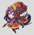  1girl :d animal_ears black_legwear blush boots dress fang full_body green_eyes grey_background happy hat league_of_legends long_sleeves lulu_(league_of_legends) open_mouth pantyhose purple_hair purple_skin simple_background smile solo staff striped uso_(ameuzaki) witch_hat yordle 