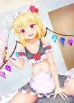  1girl alternate_costume bare_legs blonde_hair door flandre_scarlet hair_ribbon holding kneeling looking_at_viewer maid maid_headdress masen midriff red_eyes ribbon side_ponytail smile solo spatula touhou v-shaped_eyebrows wall wings 
