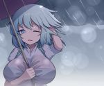  1girl blue_bra blue_eyes blue_hair bra breasts collared_shirt eyebrows_visible_through_hair hand_in_hair large_breasts no_nose one_eye_closed open_mouth rain see-through shirt tatara_kogasa touhou umbrella underwear upper_body wet wet_clothes wet_shirt wind xialu_zajin 