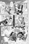  &gt;_&lt; akashi_(kantai_collection) blazer blush_stickers comic commentary crescent crescent_moon_pin drum_(container) flash_step greyscale hair_between_eyes holding holding_hammer jacket kantai_collection kisaragi_(kantai_collection) long_hair monochrome mutsuki_(kantai_collection) neckerchief nichika_(nitikapo) remodel_(kantai_collection) short_hair sidelocks speech_bubble 