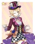  1girl alice_in_wonderland bangs black_skirt blonde_hair blue_eyes bowl braid checkered checkered_skirt closed_mouth commentary cosplay cup darjeeling diagonal-striped_background diagonal_stripes eyebrows_visible_through_hair flower frilled_skirt frills girls_und_panzer hat hat_feather hat_flower holding holding_cup holding_teapot light_smile long_sleeves looking_at_viewer mad_hatter mad_hatter_(cosplay) one_eye_closed orange_background purple_coat purple_hat purple_legwear purple_neckwear short_hair sitting skirt solo sparkle standing star_hat_ornament striped striped_background teacup thigh-highs tied_hair top_hat twin_braids yuuyu_(777) 