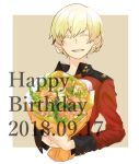  1girl 2018 asuka_(junerabitts) blush border bouquet braid brown_background closed_eyes colored_eyelashes cropped_torso darjeeling dated flower french_braid girls_und_panzer happy_birthday holding holding_bouquet short_hair smile solo st._gloriana&#039;s_military_uniform white_border 