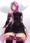  1girl ashiomi_masato ass ass_visible_through_thighs bare_shoulders blindfold blindfold_removed choker covered_navel detached_sleeves dress facial_mark fate/stay_night fate_(series) forehead_mark long_hair purple_hair rider solo strapless strapless_dress thigh-highs very_long_hair violet_eyes 