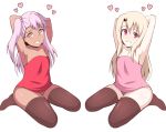  2girls absurdres arms_behind_head arms_up asymmetrical_bangs bangs bare_shoulders blush brown_legwear brown_panties chloe_von_einzbern collarbone commentary_request dark_skin eyebrows_visible_through_hair fate/kaleid_liner_prisma_illya fate/stay_night fate_(series) grin hair_between_eyes hair_bobbles hair_ornament head_tilt heart highres illyasviel_von_einzbern light_brown_hair long_hair mitchi multiple_girls no_shoes one_side_up panties pink_hair pink_shirt red_eyes red_shirt seiza shirt siblings simple_background sisters sitting smile strapless thigh-highs tubetop underwear very_long_hair white_background 