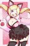  1girl ;d animal_ears black_legwear blonde_hair blue_eyes breasts cat_ear_headphones cat_ears cat_tail choker cleavage commentary english_commentary fang fur_trim gloves headphones highres long_hair lucky_chloe lyn_(shunao) medium_breasts namco one_eye_closed open_mouth paw_gloves paws pink_background smile solo tail tekken tekken_7 thigh-highs twintails zettai_ryouiki 