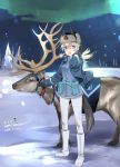  1girl animal_ears aohashi_ame aurora black_gloves black_hat blonde_hair blue_eyes blue_jacket boots character_name dated dog_ears dog_tail eila_ilmatar_juutilainen english fur_hat gloves hand_in_hair happy_birthday hat highres jacket knee_boots long_hair military military_uniform night night_sky pantyhose reindeer sky snow solo star_(sky) starry_sky strike_witches tail uniform ushanka white_footwear white_legwear wind wind_lift world_witches_series zipper 