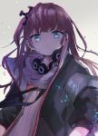  1girl bangs black_jacket blue_eyes blush brown_hair closed_mouth commentary eyebrows_visible_through_hair girls_frontline grey_background hair_ornament head_tilt highres jacket light_frown long_hair long_sleeves looking_at_viewer one_side_up open_clothes open_jacket puffy_long_sleeves puffy_sleeves sha2mo shirt solo st_ar-15_(girls_frontline) upper_body white_shirt 