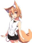  1girl animal_ear_fluff animal_ears bangs bare_shoulders black_shorts borrowed_character commentary_request fang fox_ears fox_girl fox_tail hair_ornament hairclip highres honoka_(1399871) looking_at_viewer open_mouth orange_hair original red_eyes shirt short_hair short_shorts shorts simple_background sleeveless smile solo tail white_background white_shirt wristband 