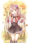  1girl :d animal_ears autumn autumn_leaves capelet fang flower forest frilled_skirt frills hair_flower hair_ornament nature open_mouth original pleated_skirt shirt skirt smile solo tail tree wataame27 wolf_ears wolf_tail yellow_eyes 