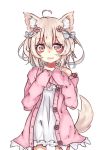  1girl :d animal_ears blonde_hair cardigan dress frilled_dress frills hair_ribbon momose_tsugumi off_shoulder open_cardigan open_clothes open_mouth original pink_eyes ribbon short_hair simple_background smile tail white_background 