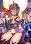 1girl alcohol bare_shoulders blurry blurry_background blush breasts commentary_request cup depth_of_field drooling fate/grand_order fate_(series) full_moon gourd head_tilt highres horns japanese_clothes kimono moon navel night night_sky nose_blush obi off_shoulder oni oni_horns open_mouth outdoors purple_hair purple_kimono revealing_clothes sakazuki sake saliva sash short_hair shuten_douji_(fate/grand_order) sky small_breasts solo violet_eyes xephonia 
