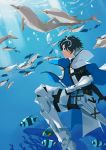  1boy 277534776 absurdres armor black_hair blue_eyes cape charlemagne_(fate) dolphin fate/extella fate/extella_link fate/extra fate/grand_order fate_(series) fish highres holding holding_sword holding_weapon male_focus metal multicolored_hair ocean sheath sheathed smile sword two-tone_hair underwater water weapon white_cape 