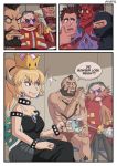  1girl 3koma 6+boys artist_name ayyk92 bangs bare_shoulders black_dress black_nails blonde_hair blue_eyes blush bowser bracelet character_request chest_hair collar comic crown cup demon_horns dr._eggman dress earrings english eyeshadow facial_hair fang genderswap genderswap_(mtf) glasses goggles goggles_on_head highres horns jewelry looking_at_another m_bison makeup multiple_boys muscle mustache nail_polish new_super_mario_bros._u_deluxe nintendo nose_blush ponytail red_skin ring sitting smile sonic_the_hedgehog spiked_bracelet spiked_collar spikes street_fighter street_fighter_ii_(series) super_crown sweat sweatdrop tea teacup towel turtle_shell wreck-it_ralph wreck-it_ralph_(character) zangief 