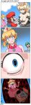  4koma ? armlet bare_shoulders black_dress blonde_hair blue_eyes bowser bowsette bracelet breasts close-up collar comic crown dress fangs fire genderswap genderswap_(mtf) highres horns jewelry luigi mario super_mario_bros. mario_tennis new_super_mario_bros._u_deluxe nintendo ponytail princess_peach screaming sharp_teeth spiked_bracelet spiked_collar spikes super_crown super_mario_bros. teeth 