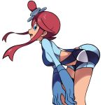  1girl bent_over blue_eyes breasts creatures_(company) from_side fuuro_(pokemon) game_freak gloves gym_leader hair_bun hair_ornament highres kisama large_breasts midriff navel nintendo open_mouth pokemon pokemon_(game) pokemon_bw redhead shorts sidelocks simple_background solo suspenders white_background 