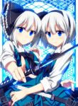  2girls blue_background blue_eyes bow_tie collar frills hairband katana konpaku_youmu long_sleeves omamori sazanami_mio short_hair skirt strap sword touhou vest white_hair 