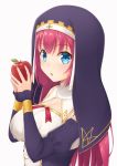 1girl apple avila_(oshiro_project) blue_eyes breasts eyebrows_visible_through_hair food fruit holding holding_fruit large_breasts long_hair looking_at_viewer midoriyama_soma nun oshiro_project oshiro_project_re redhead simple_background solo upper_body white_background 