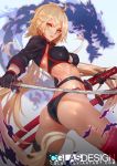  1girl artist_name ass black_gloves blonde_hair breasts cglas erect_nipples fate/grand_order fate_(series) gloves holding holding_sword holding_weapon jeanne_d&#039;arc_(alter)_(fate) jeanne_d&#039;arc_(fate)_(all) katana long_hair looking_at_viewer midriff o-ring red_legwear sheath sheathed solo standing sword thigh_strap twisted_torso very_long_hair watermark weapon web_address 