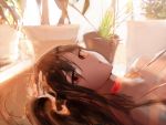 1girl azur_lane bare_shoulders black_hair breasts canella collar commentary dress eyebrows_visible_through_hair flower_pot hair_between_eyes hair_ornament large_breasts long_hair looking_at_viewer lying on_back plant red_eyes solo taihou_(azur_lane) 