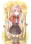  1girl animal_ears autumn autumn_leaves black_legwear boots capelet flower forest hair_flower hair_ornament nature original parted_lips pleated_skirt red_footwear shirt short_hair skirt solo tail tree wataame27 wolf_ears wolf_tail yellow_eyes younger 