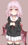  1girl bangs bat_wings black_legwear black_shirt brown_background closed_mouth collarbone dated dreamusun eyebrows_visible_through_hair fangs fangs_out hair_between_eyes highres long_hair long_sleeves looking_at_viewer low_wings original own_hands_together pink_hair pink_wings pleated_skirt red_eyes sailor_collar school_uniform serafuku shirt signature simple_background skirt solo thigh-highs white_sailor_collar white_shirt wide_sleeves wings 