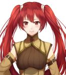  1girl arm_belt bangs blush bow breasts brown_eyes brown_sweater closed_mouth detached_sleeves fire_emblem fire_emblem:_kakusei green_jacket hair_between_eyes jacket jurge long_hair looking_at_viewer nintendo red_bow red_eyes redhead ribbed_sweater selena_(fire_emblem) simple_background sleeveless_jacket small_breasts smile solo sweater twintails upper_body very_long_hair white_background 