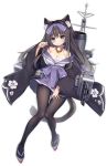  1girl :3 animal_ears arashio_(azur_lane) azur_lane bell black_hair black_legwear blue_skirt blush bow breasts cat_ears cat_tail cleavage closed_mouth eyebrows_visible_through_hair full_body hair_bow large_breasts long_hair looking_at_viewer multicolored_hair official_art pantyhose purple_bow skirt smile solo tail transparent_background two-tone_hair white_hair yoi_(sukie1314) 